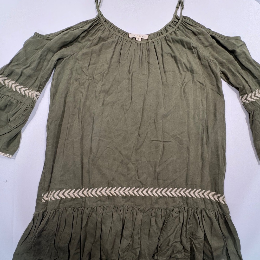 Illa Illa Olive Green Cold Shoulder Tunic Top Embroidery Ruffle Boho Medium